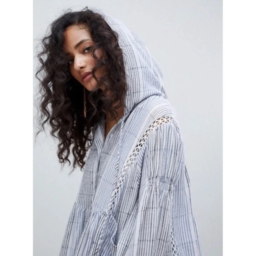 Free People Baja Babe Hooded Top Blue & White Stripe Crochet Accent Beach Small